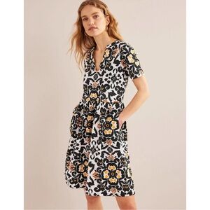 Boden Easy Notch Neck Cotton Jersey Dress US 12 Black Opulent Pome